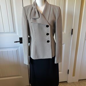 Suit Studio Gray Jacket with Bow Draped Collar and Black Skirt